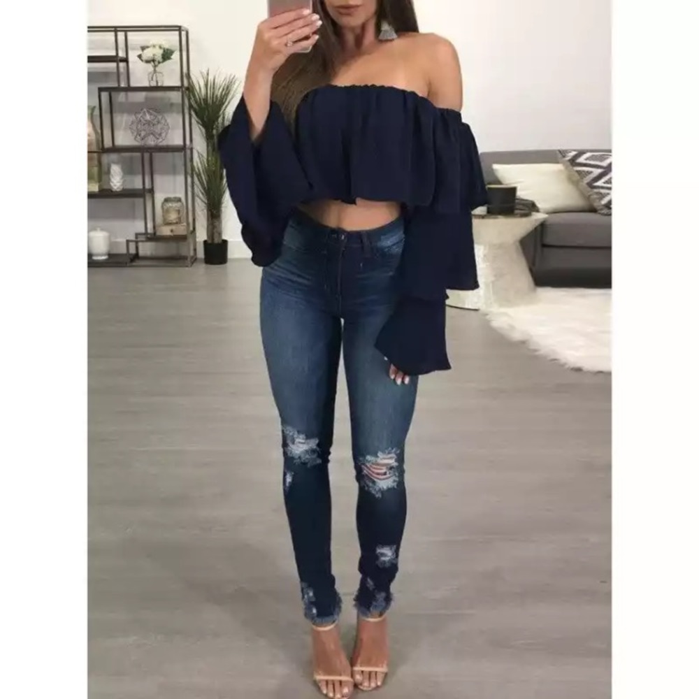 🆕Navy Blue Crop Top Blouse